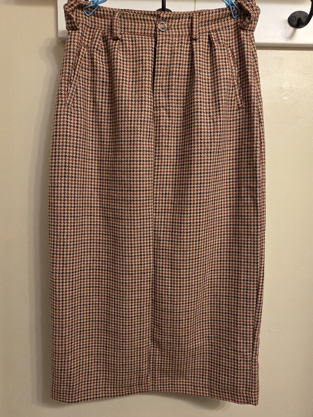 Retro Preppy Dark Academia High-Waist Brown Houndstooth Pencil Skirt Medium